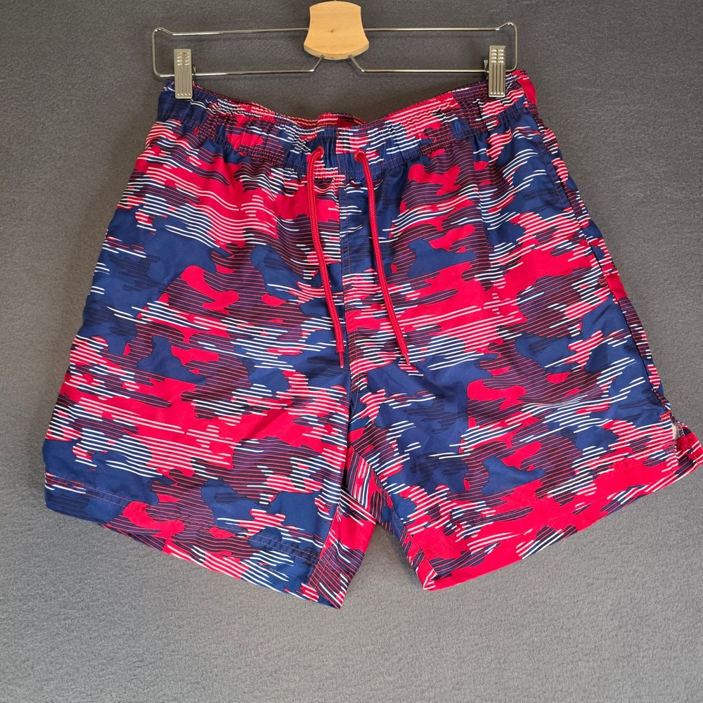 George Swim Trunks Mens M Red Navy Blue Abstract Camo Mesh Lined Board‎ Shorts